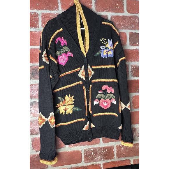 VTG Berek Sweater Black Floral Cardigan Hand Knit Heavy Button Front Size Large - Picture 5 of 11
